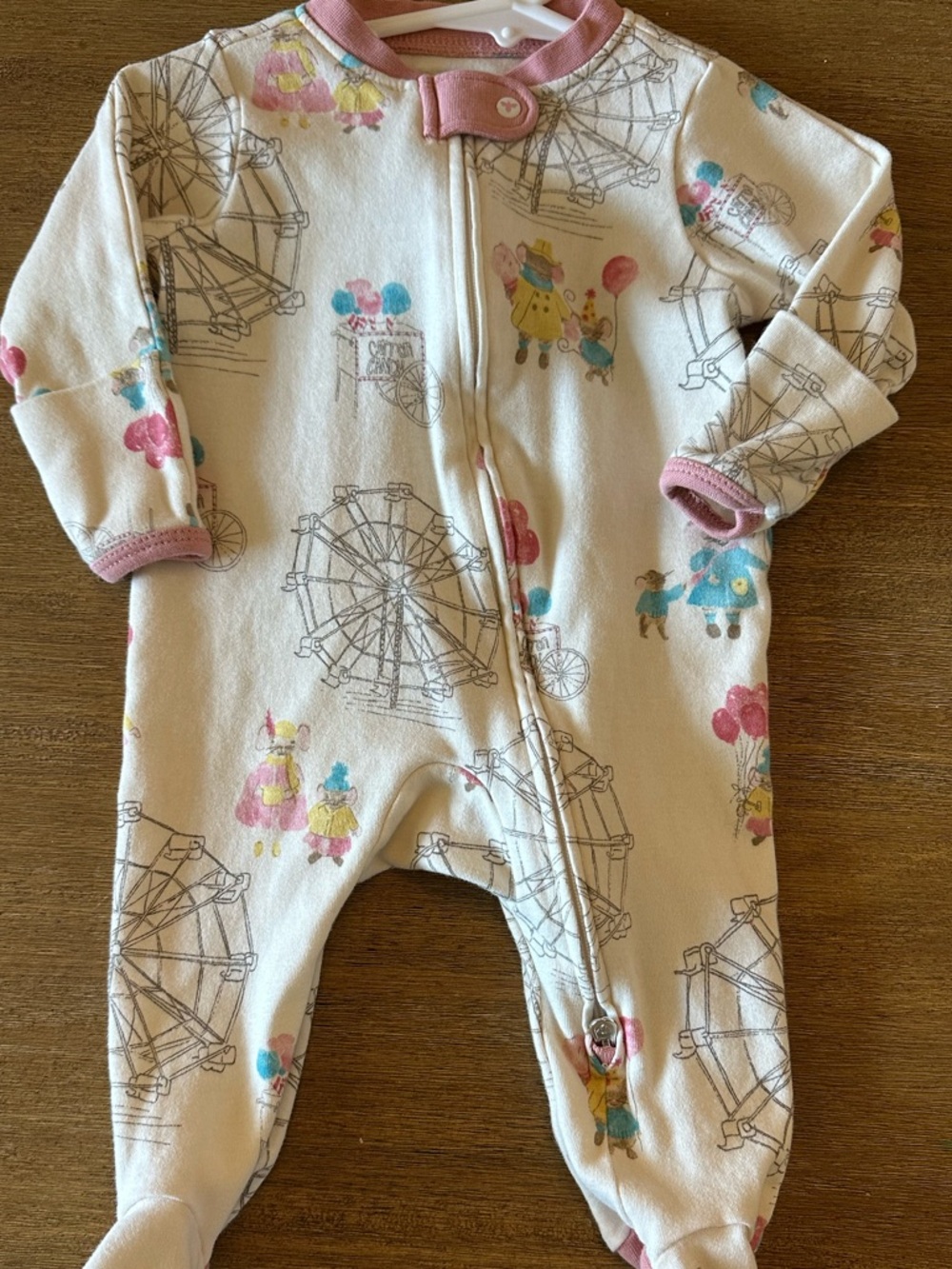 Burt's Bees Cream Ferris Wheel Print Footie with Pink Trim